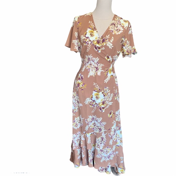 Dresses & Skirts - Short flutter sleeve wrap maxi dress floral tan